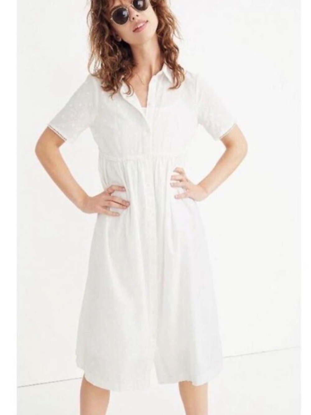 Madewell White Clipdot Cotton Midi Short Sleeve High Waist Shirtdress NWOT SZ S